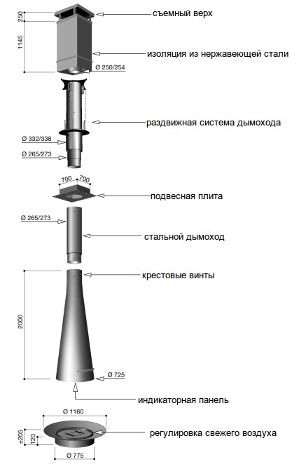 Схема каминной топки Focus Filiofocus 2000 central telescopic