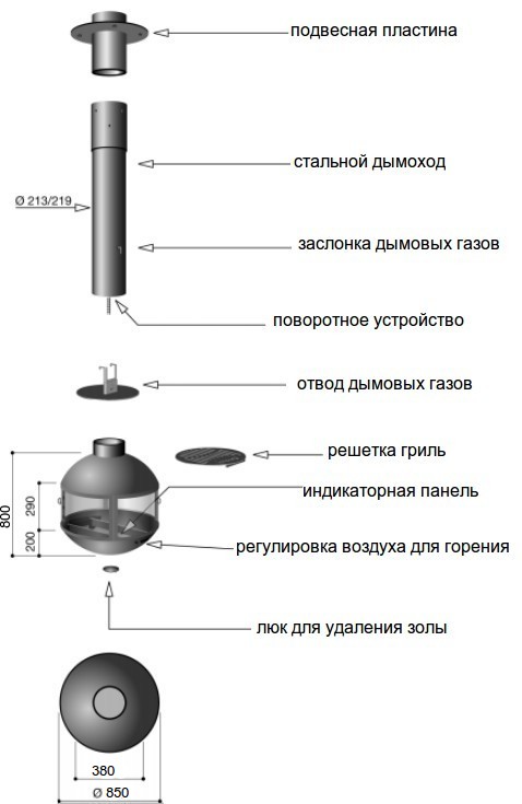 Схема каминной топки Focus Edofocus 850 vertical outlet