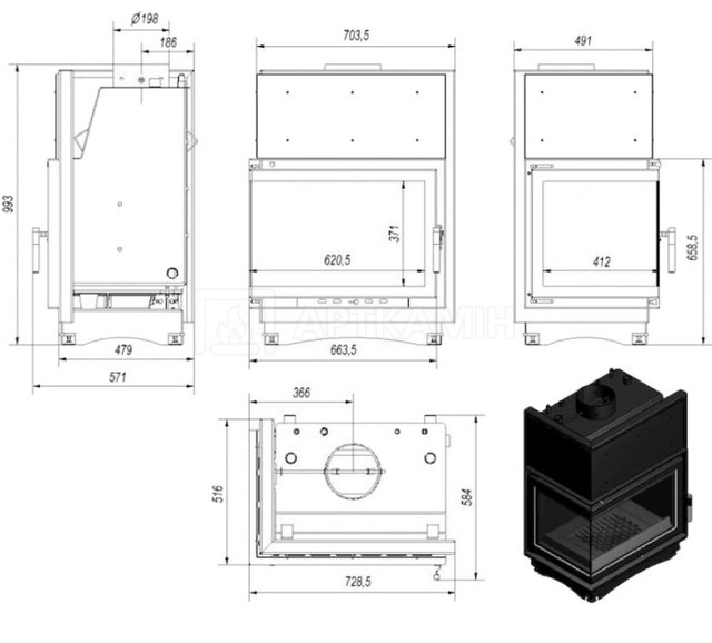Каминная топка Kratki Zuzia PW/BL/15/BS/W/Deco без рамы, с водяным контуром. Фото 2
