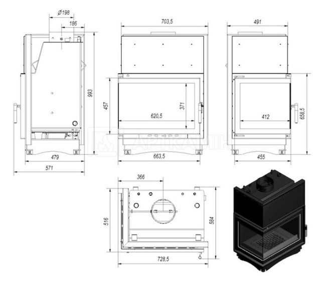 Каминная топка Kratki Zuzia PW/BL/19/BS/W/Deco без рамы, с водяным контуром. Фото 2