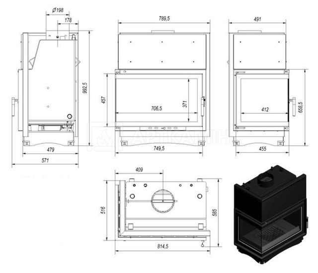 Каминная топка Kratki Oliwia PW/BL/17/BS/W/Deco без рамы, с водяным контуром. Фото 2