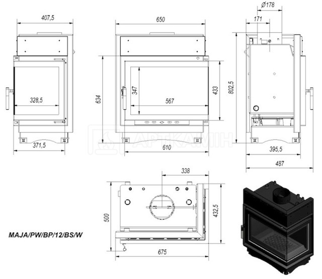 Каминная топка Kratki Maja PW/BP/12/BS/W без рамы, с водяным контуром. Фото 2
