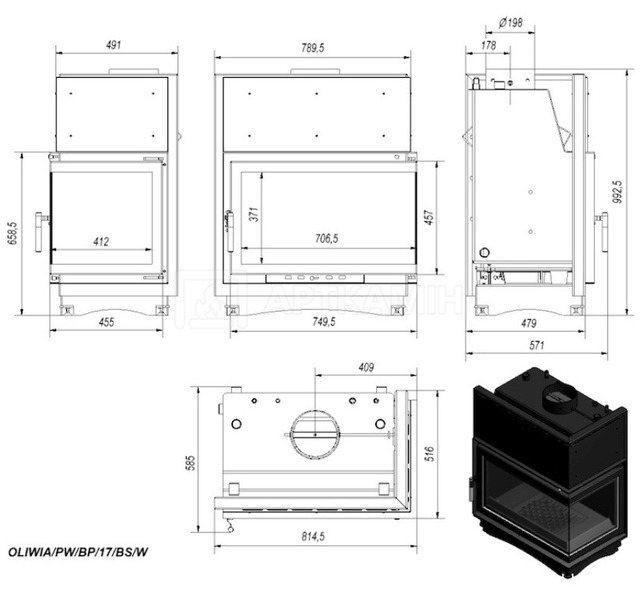 Каминная топка Kratki Oliwia PW/BP/17/BS/W без рамы, с водяным контуром. Фото 2