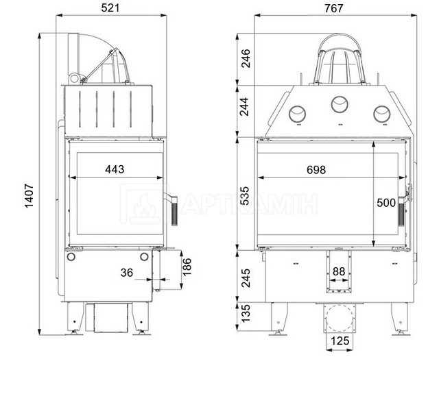 Каминная топка Defro Home Intra M BL 13 кВт (черная футеровка). Фото 3