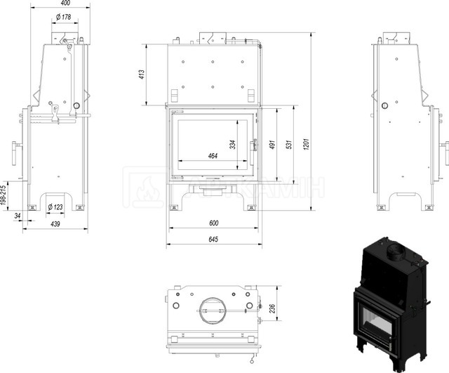 Каминная топка Kratki Aquario M/12/PW/W/DG с водяным контуром и двойным стеклом. Фото 2