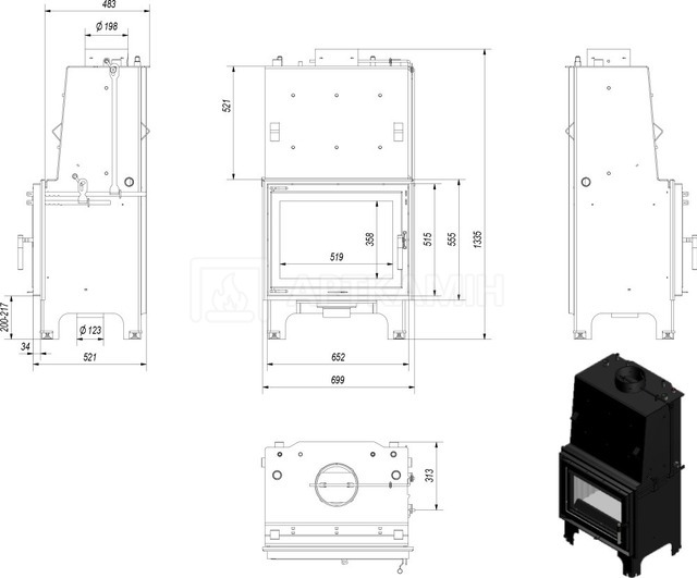 Каминная топка Kratki Aquario Z/14/PW/W/DG с водяным контуром и двойным стеклом. Фото 2