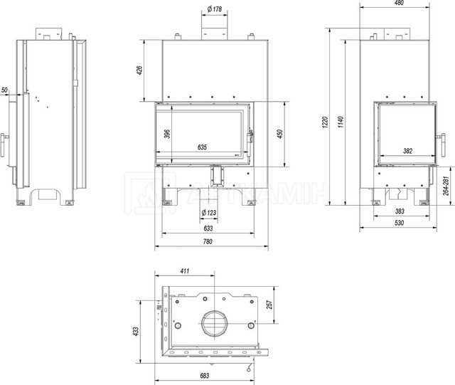 Каминная топка Kratki MBM PW/10/L/BS/W левая с водяным контуром. Фото 2