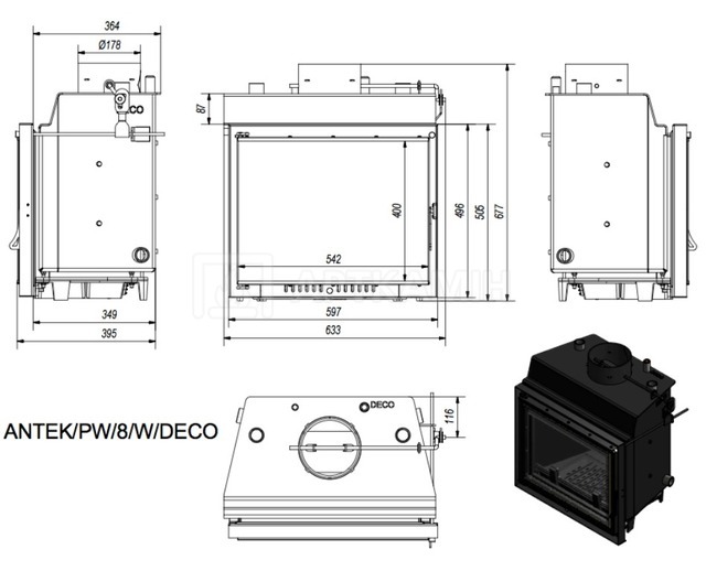 Каминная топка Kratki Antek PW/8/W/Deco с водяным контуром. Фото 2