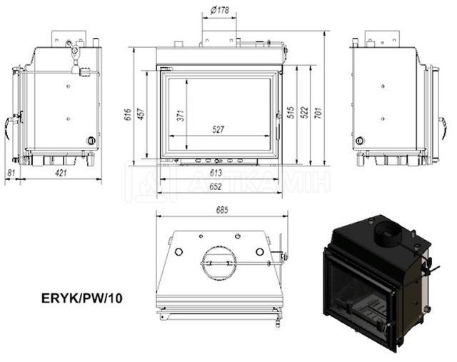 Каминная топка Kratki Eryk PW/10/W с водяным контуром. Фото 2