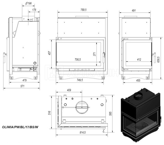 Каминная топка Kratki Oliwia PW/BL/17/BS/W без рамы, с водяным контуром. Фото 2