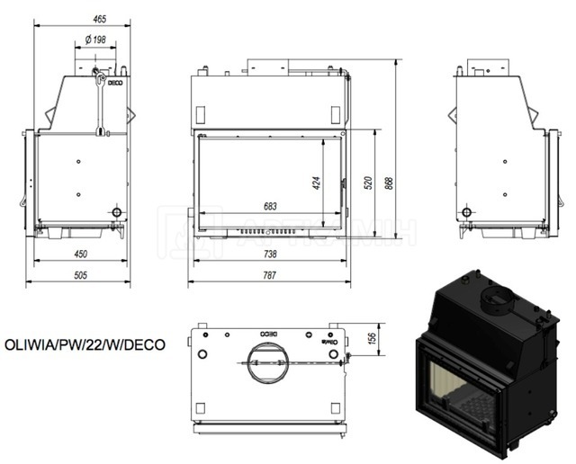 Каминная топка Kratki Oliwia PW/22/W/Deco с водяным контуром. Фото 2