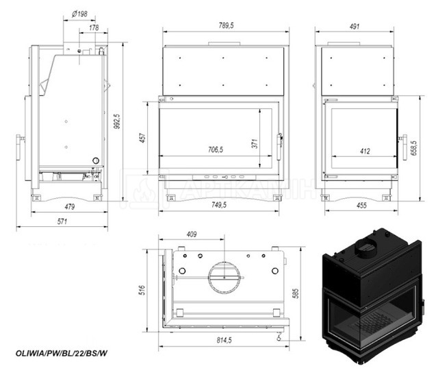 Камінна топка Kratki Oliwia PW/BL/22/BS/W без рами, з водяним контуром. Фото 2