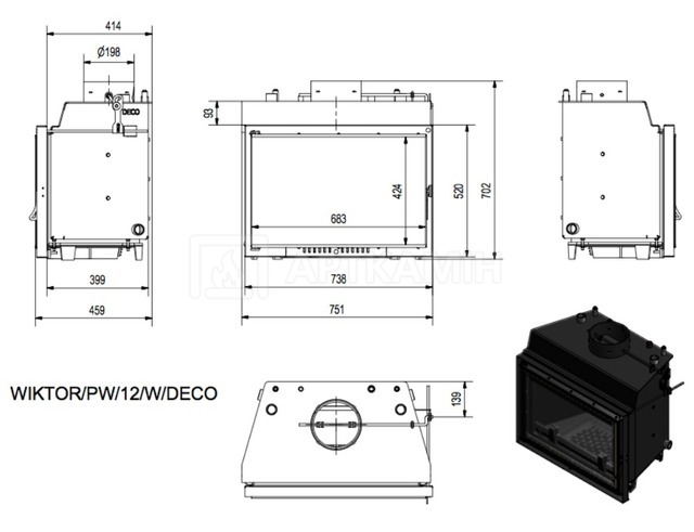 Каминная топка Kratki Wiktor PW/12/W/Deco с водяным контуром. Фото 2