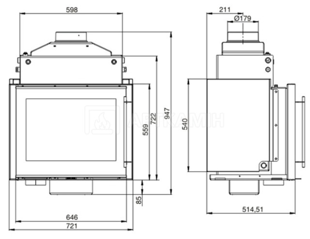 Каминная топка Uniflam W720 Prestige с водяным контуром. Фото 3